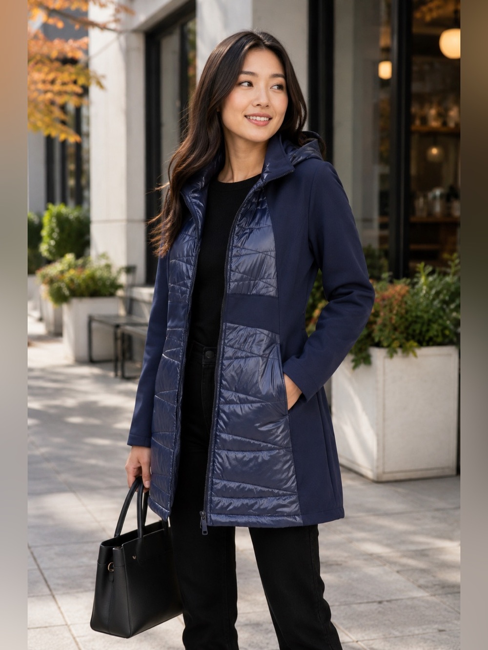 Via Spiga Elliptical Quilted Hooded Softshell Navy Jacket Leopard Lining Size XS